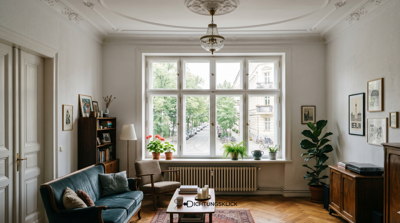 Altbauwohnung in Berlin mit typischem Holzkastenfenster und weißem Gusseisen-Heizkörper – klassische Situation, bei der undichte Fensterflügel zu Zugluft und Wärmeverlust führen können.