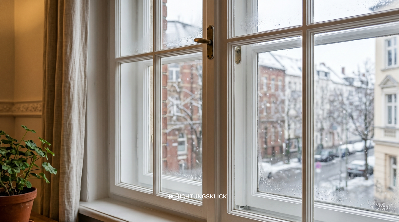 Winter in Berlin: Blick durch ein traditionelles Altbau-Fenster auf schneebedeckte Dächer und Straßen.