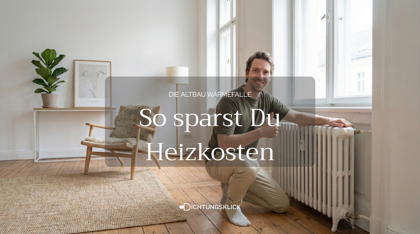 Man kniet vor Heizung in Altbau Wohnung und zeigt den Daumen hoch.