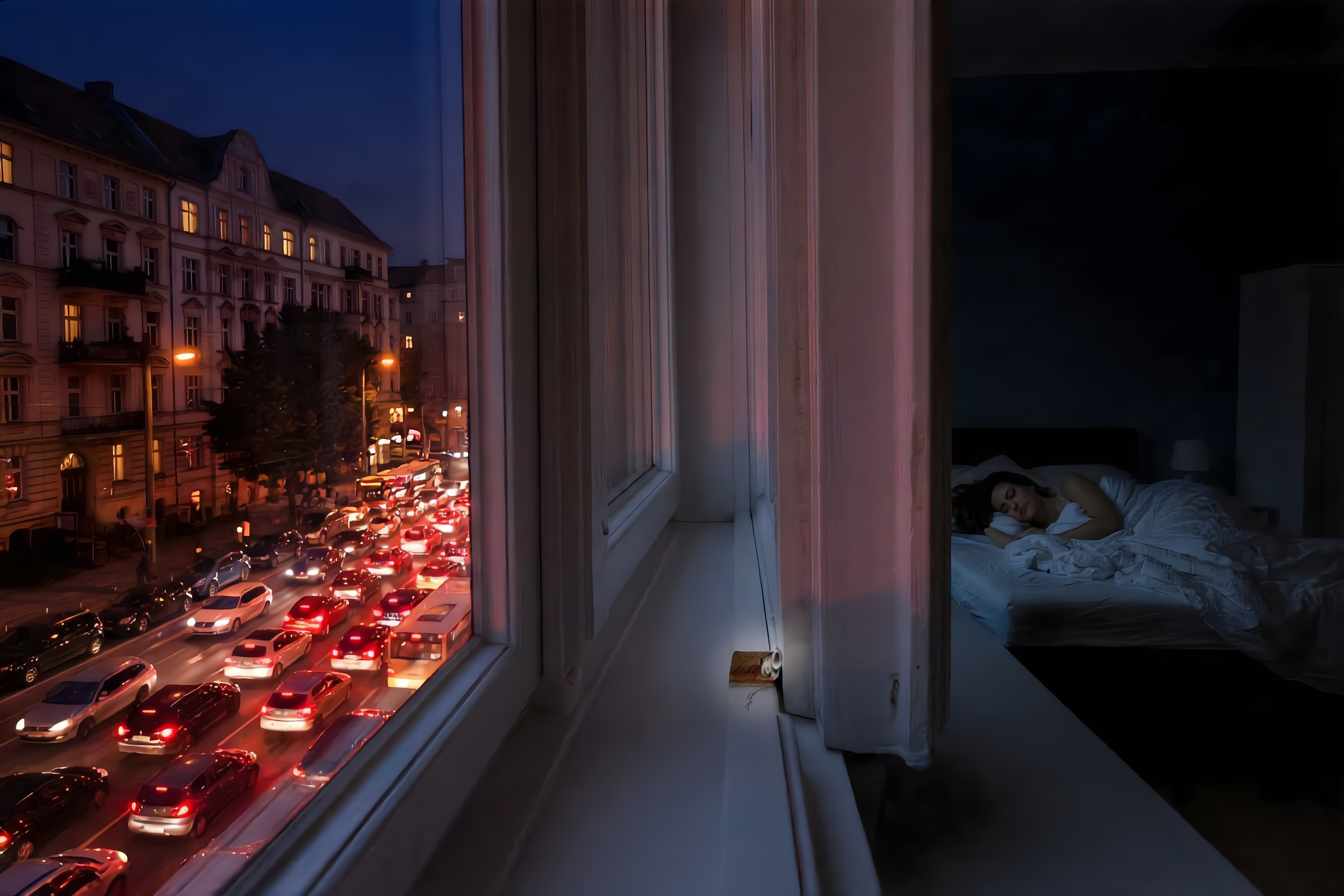Frau schläft entspannt trotz straßenlärm da dichtungsklick dichtleiste im fenster installiert ist